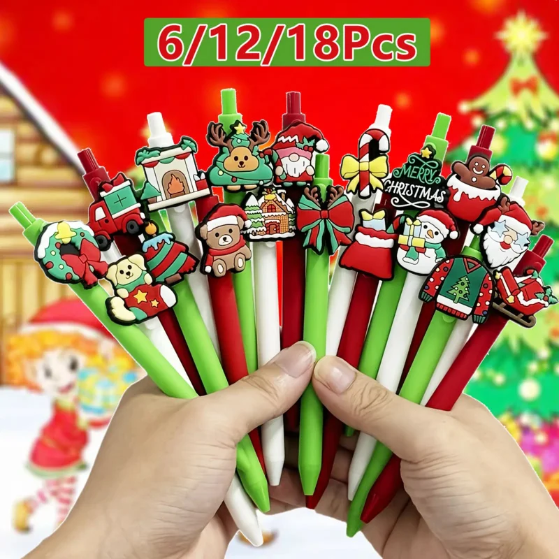 

Рождественский набор выдвижных шариковых ручек, 6/12/18 шт., с выдвижным механизмом и насадками-ластиком — праздничный Санта-Клаус, олень
