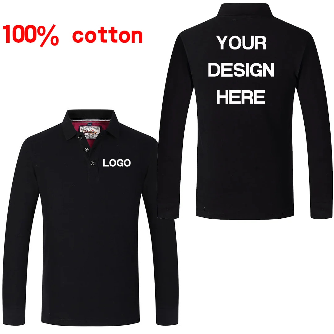 100% Cotton DIY Solid Color Men's Sports Polo Shirt Custom Logo Print Embroidery Your Design Long Sleeve Clothing
