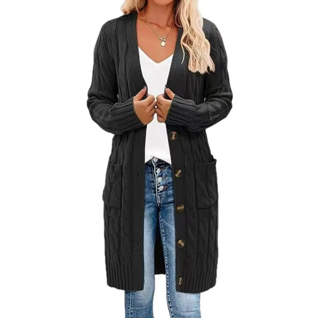 

Women's Knitted Long Twist Sweater Pure Color Button Pocket Cardigan Jacket Autumn Winter New Arrival Export