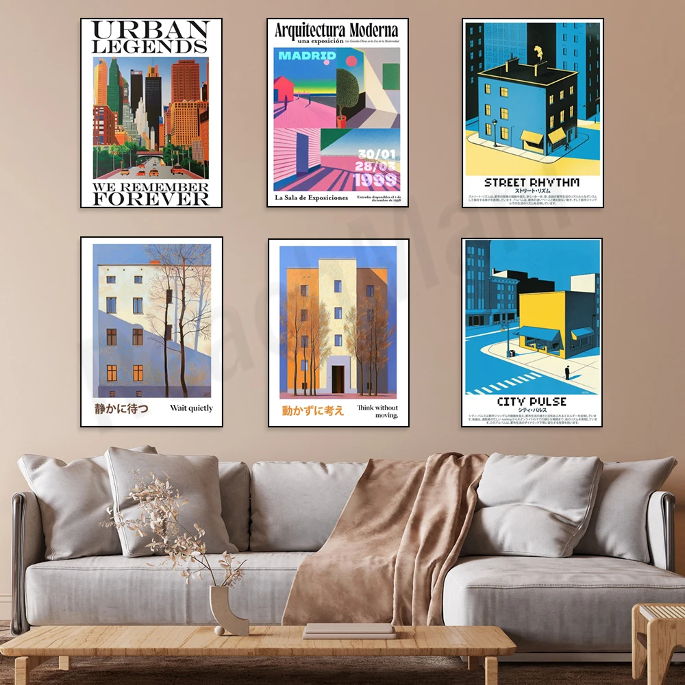 Japanese modern city buildings, city lights, sunset Japanese architectural style, Madrid Architecture Exhibition art poster