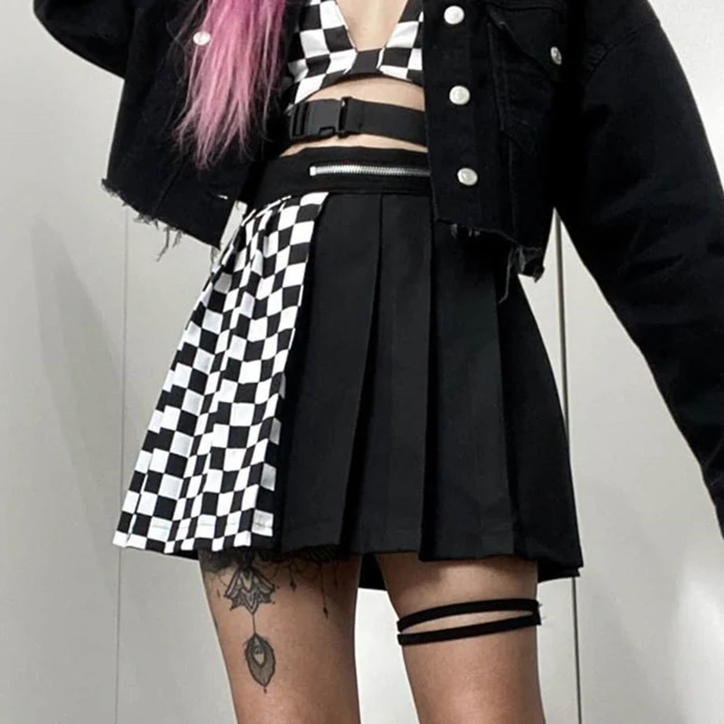 Gothic High Waist Women Pleated Mini Skirt Patchwork Checkerboard  A-line Skirts Female Party Outfits Harajuku Punk Streetwear