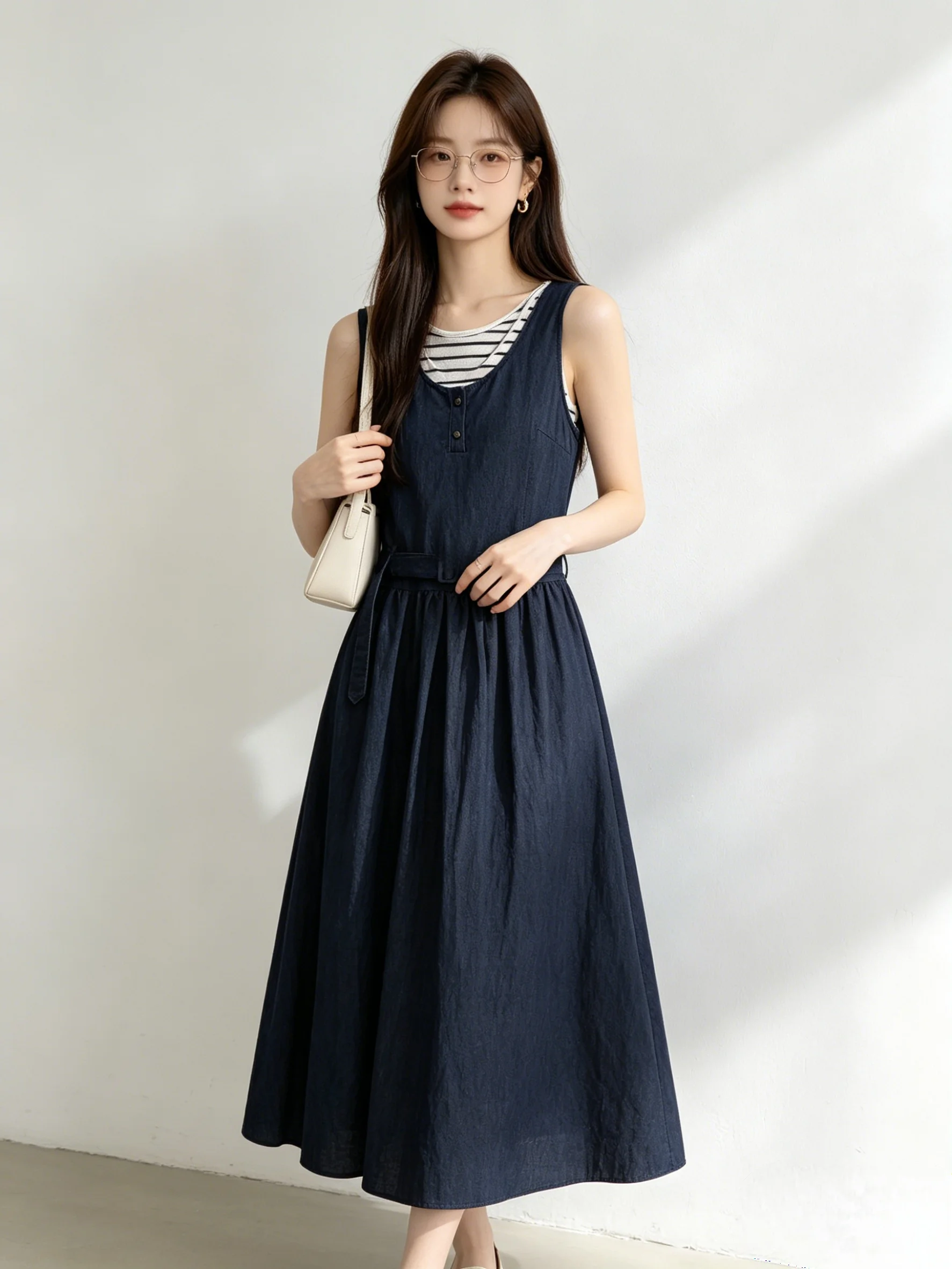 

Korean Style Slimming Stripe Vest And Dress Set Women's Fashion Casual Breathable Short Sleeve round Neck Two-Piece Suit