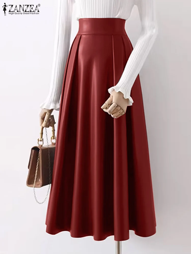 

ZANZEA Women PU Leather Long Skirt Elegant Elastic High Waist Pleating Skirt Causal Loose Jupe Fashion 2024 Summer Maxi Faldas