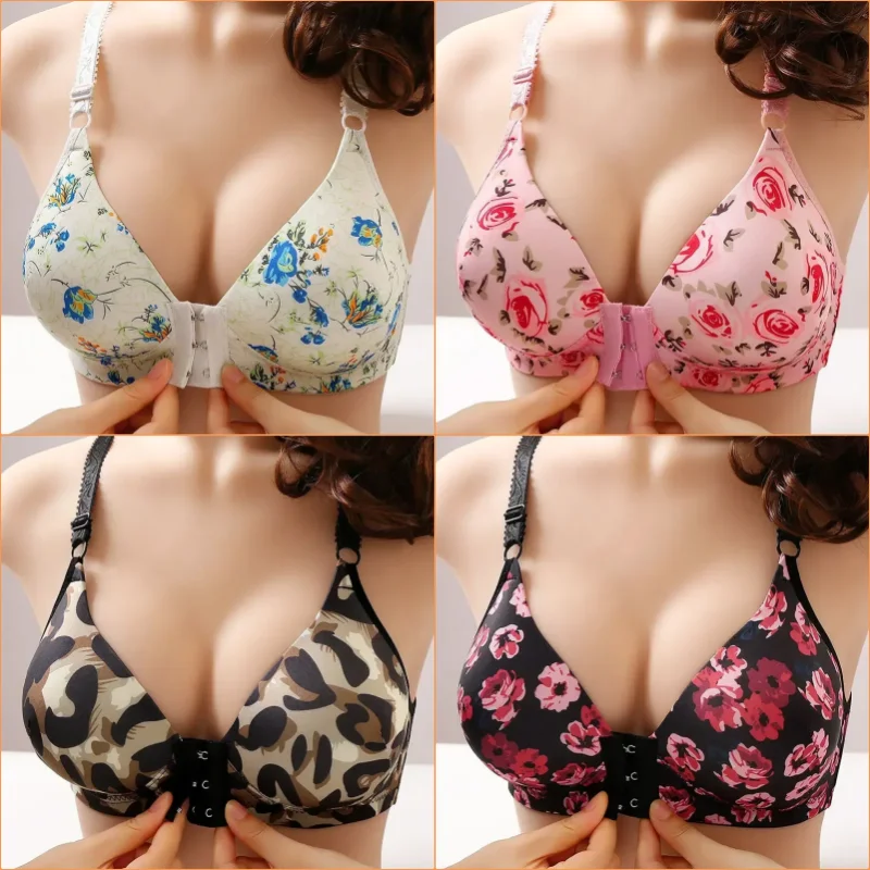 New Sexy Push Up Bras Front Closure Floral Rose Brassiere Wireless Bralette Breast Seamless Bras For Women Underwear Plus Size