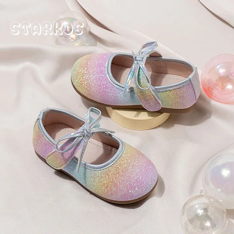 Bling Радужные блестящие балетки Детские балетки с круглым носком и галстуком-бабочкой на липучке Балетки на плоской подошве для девочек вечерние платья для сцены Лоферы