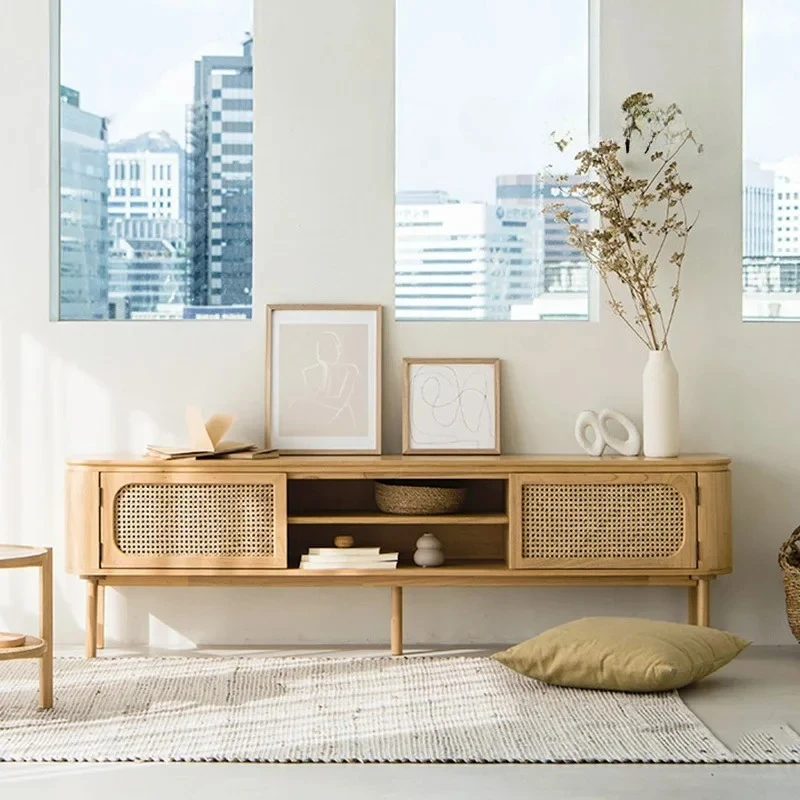 TTTV Cabinet Small Apartment Living Room Floor Audio-visual Cabinet Nordic Medieval Style Solid Wood Rattan