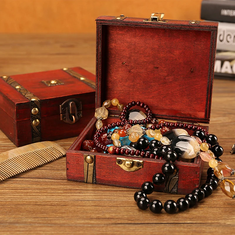 Decorative Wood Treasure Box Vintage Wooden Trinket Jewelry