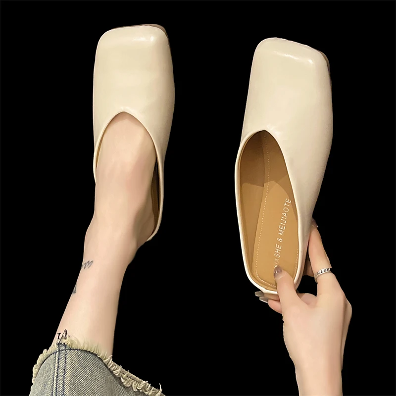 Square Toe Flats Mules Shoes Women Slippers Summer Slingback Sandals 2024 New Fashion Casual Flip Flops Zapatillas Female Slides