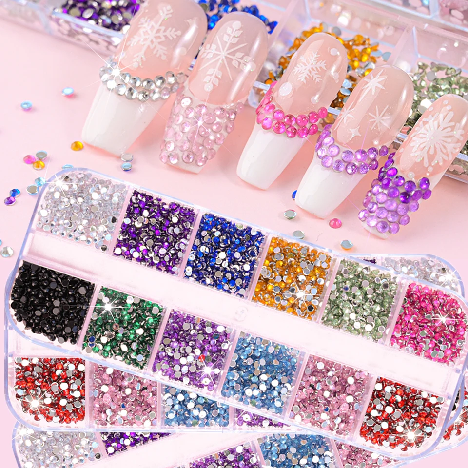 12 compartimentos de gemas navideñas mini surtidas para uñas, 2mm, cristal de lujo, brillantina, rhinestones rojos/azules planos, piezas navideñas 4