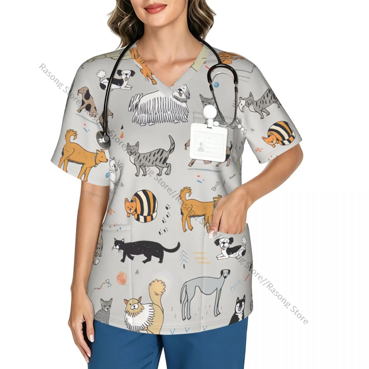Women's Medical Scrub Top V Neck Short Sleeve Cute Cats And Dogs Stretch Nursing Uniform for Hospital Clinic