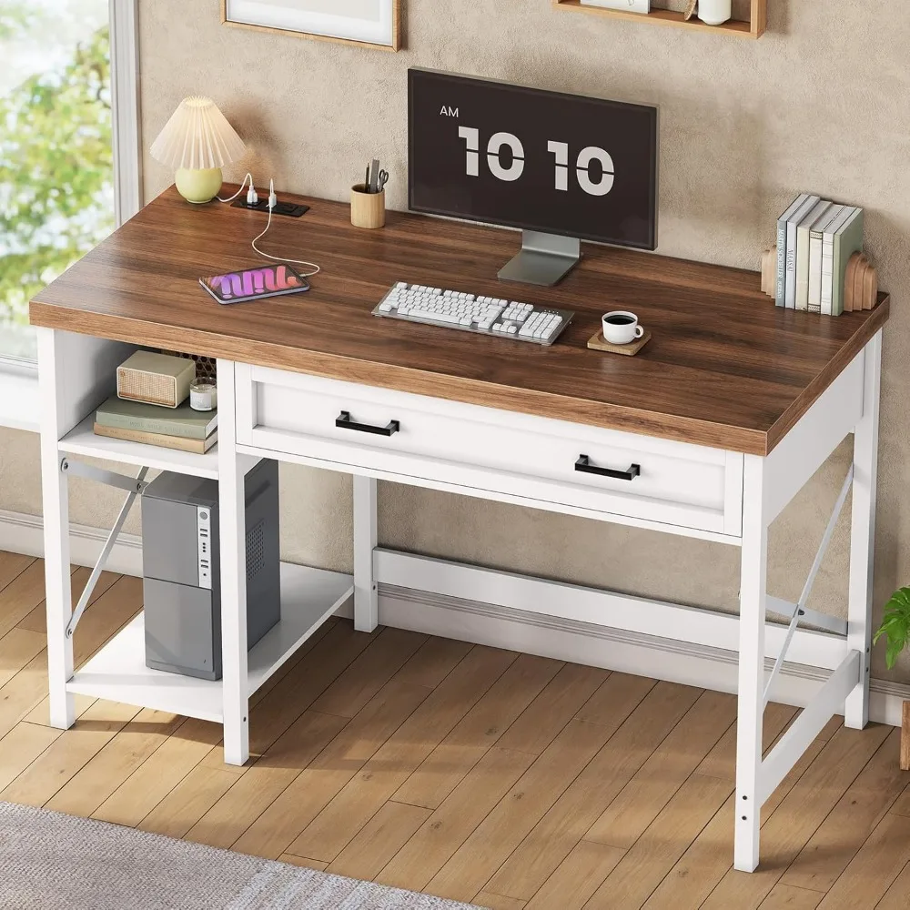 

40" Study Table, Small Computer Desk with Drawer & Storage Shelves, Farmhouse Writing Desk for Small Space, White Home Office D