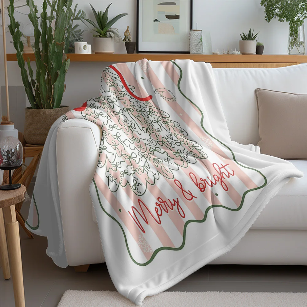 Merry Bright Christmas Tree Fleece Blanket, Hand-Drawn Style with Pink Border and Red Bow, Soft Plush Throw for Holiday Decor