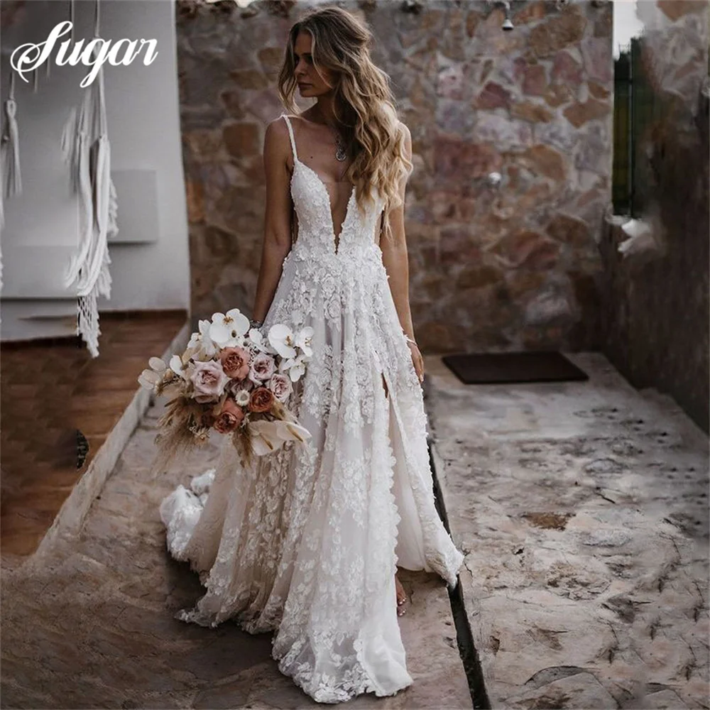 Vestido de novia de corte en A con cuello en V, traje de Novia de encaje, talla Simple, hecho a medida