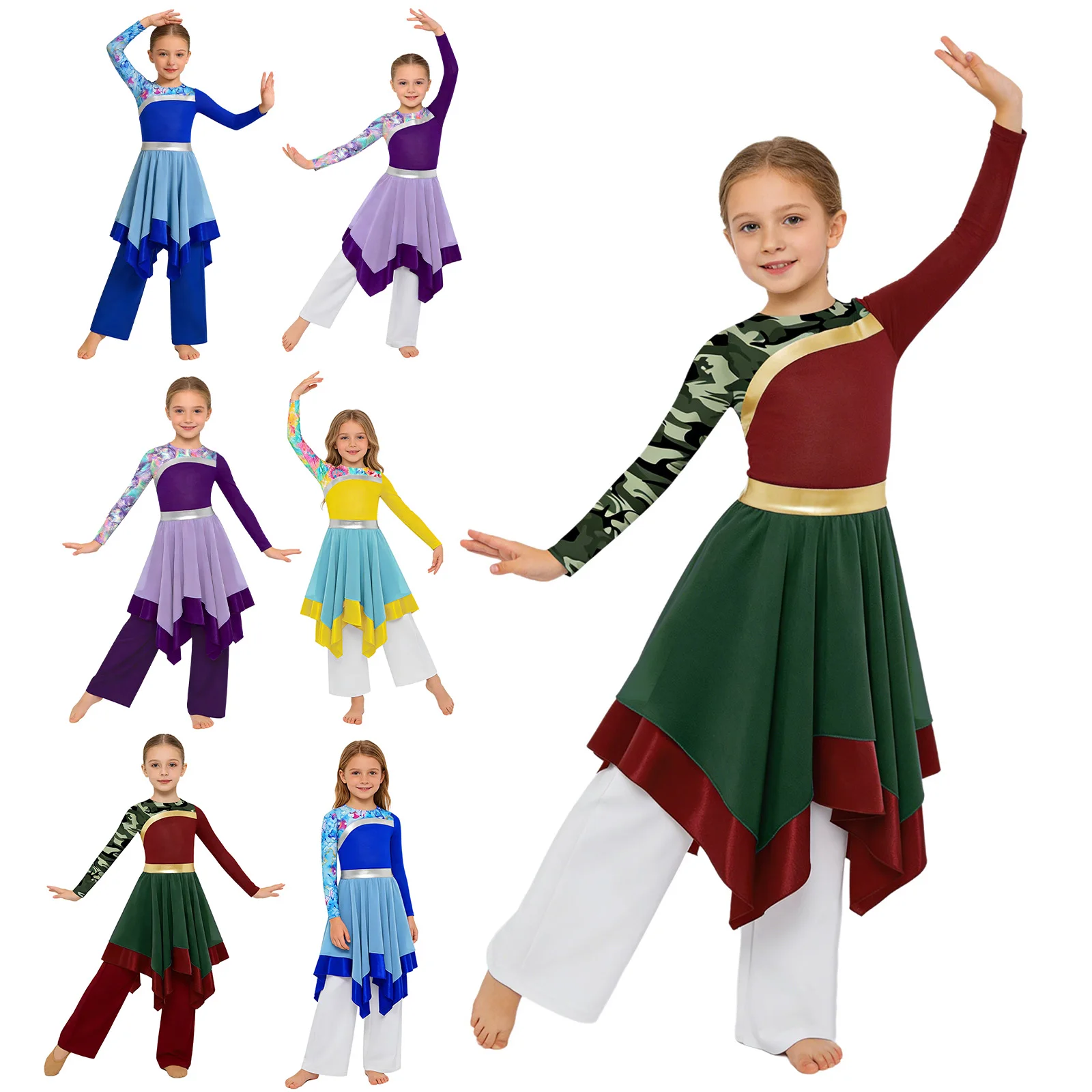 Kids Girls Worship Liturgical Praise Choir Dance Outfit Long Sleeve Zipper Print Dress with Wide-Leg Pants Lyrical Dance Costume - view 5