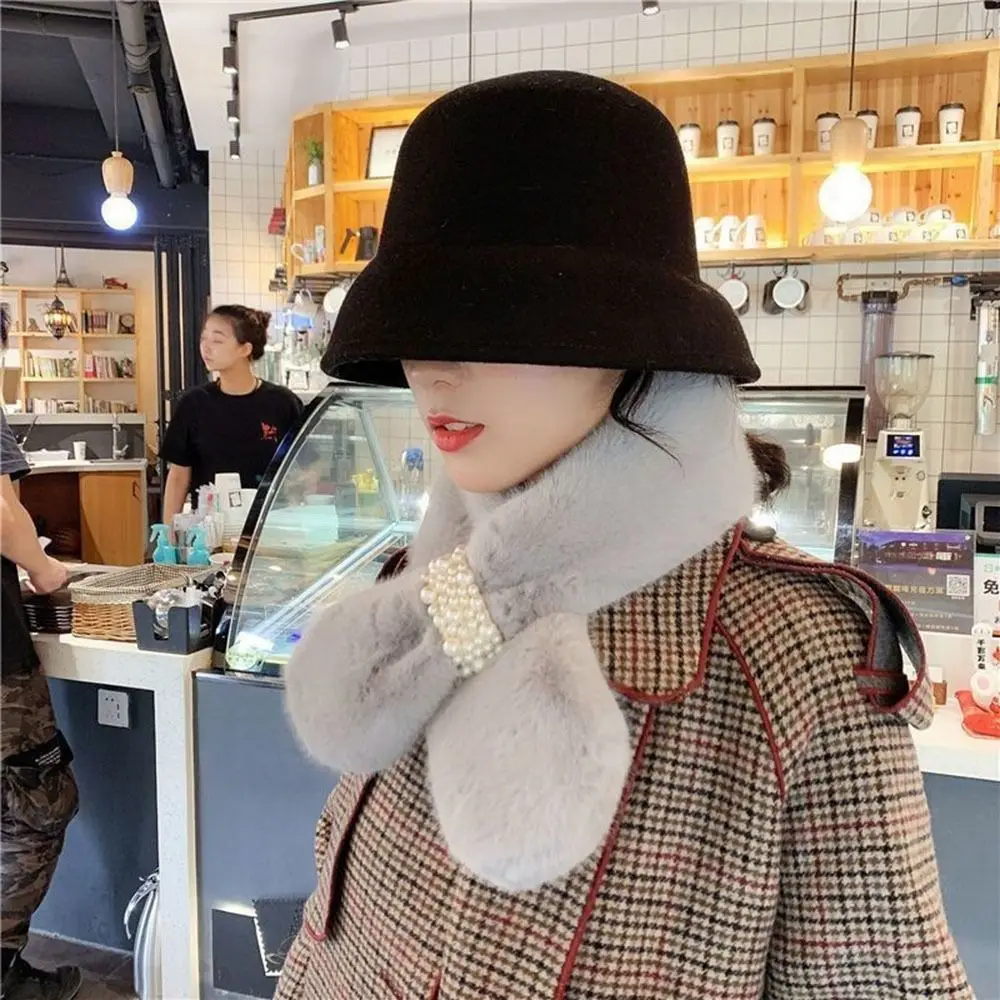 Women Winter Warm Thicken Elegant Pearl Cross Collar Scarf  Solid Color Faux Rabbit Fur Plush Elegant Shawl Scarfs