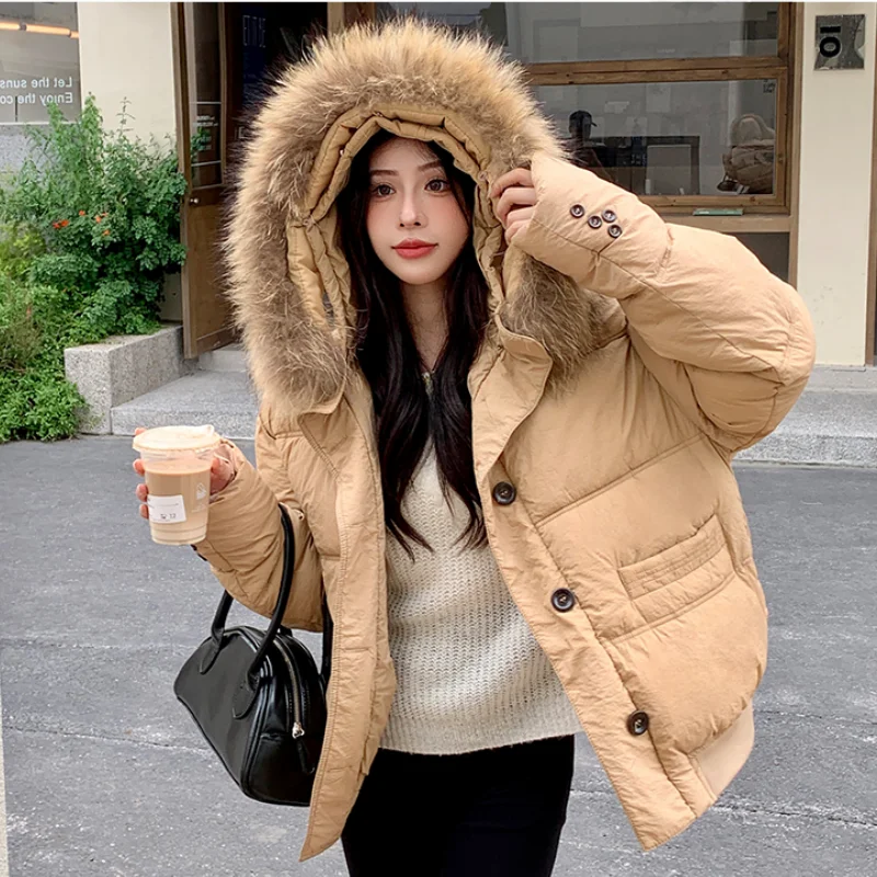 

Black Down Jacket Women Coat Hooded Fashion American Streetwear Y2K Style Duck Down Feather Female Winter Khaki Short Outwear