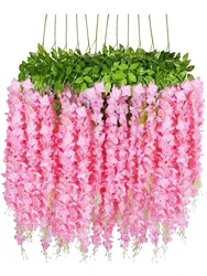 12pcs Wisteria Artificial Fake Flower Bushy Vine Ratta Hanging Garland For Wedding Home Wall Decor Pink