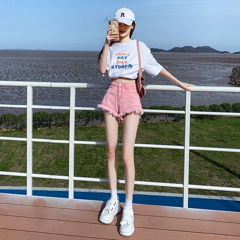 

Summer 2023 High Waist Pink Denim orts Women's Loose Frayed A-Line Slimming Small Size Hot Pants Cotton Stretch Fabric