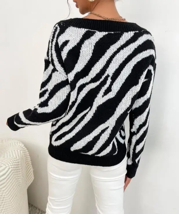 เสื้อสเวตเตอร์ไหมพรมถักลายม้าลายแฟชั่นใหม่สำหรับผู้หญิง ฤดูใบไม้ร่วงและฤดูหนาว ปี 2025 แบบหลวม สวมใส่สบาย อุ่นหนา