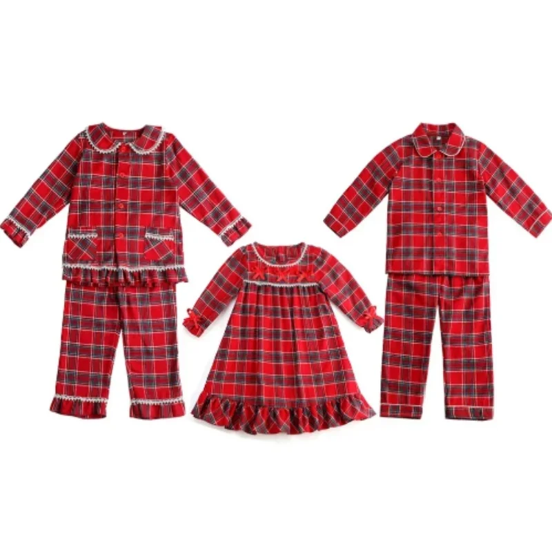 Baby red cotton pyjamas plaid cotton kids boy and girl pajamas flannel family matching Christmas pyjamas sets