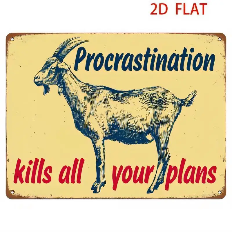 Procrastination Goat Vintage Metal Tin Sign - Retro Yellow Background, Iron Material, Motivational Quote, Perfect for Home/Offic