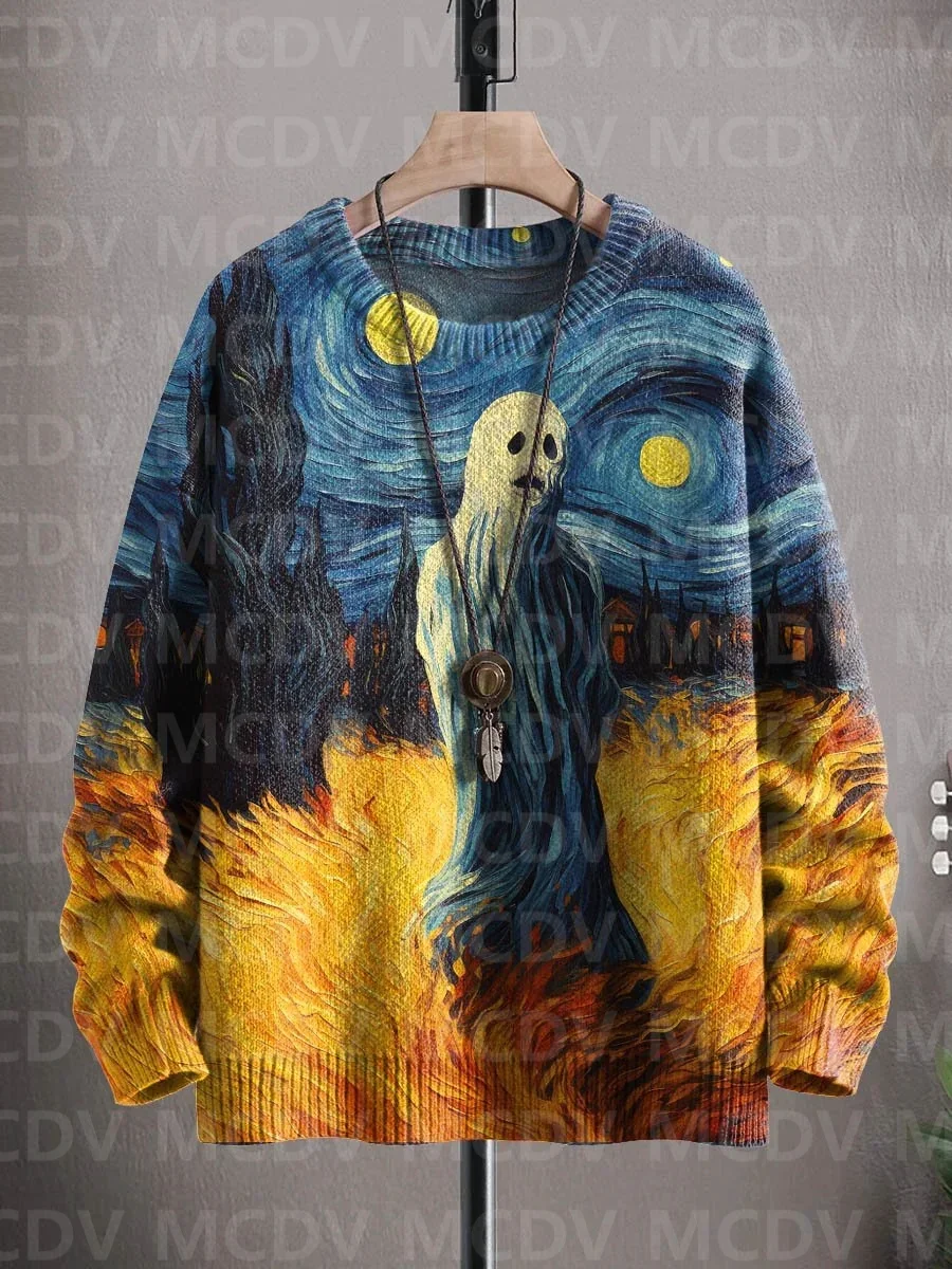 Unisex Art Ghost Halloween Print Casual Knit Sweatshirt Men's For Women's Pullover