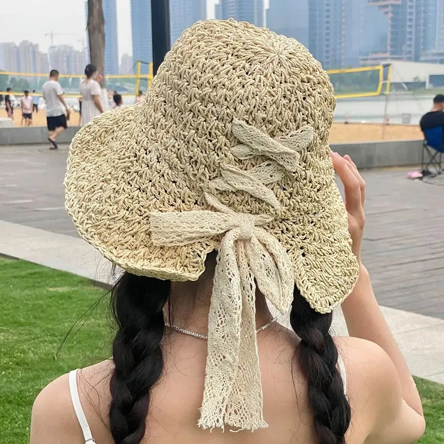 

Fairy Lace Strap Hand Hooked Straw Hat Summer Excursion Sunscreen Big Brim Hat Handmade Sun Hat Beach Vacation Bow Tie