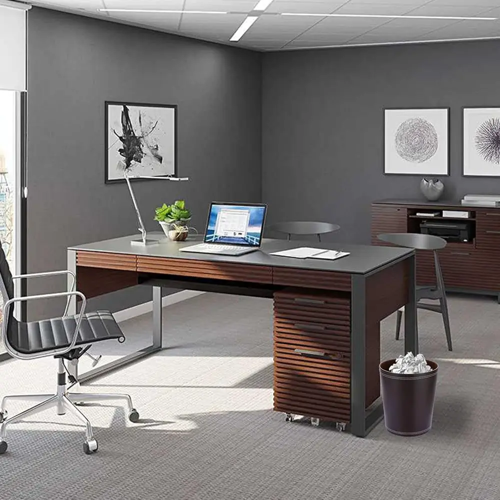 Round Leather Waste Basket,Small Classic Pu Trash Garbage Can Under Desk Cabinet, Contemporary Wastebasket Bin For Home Office