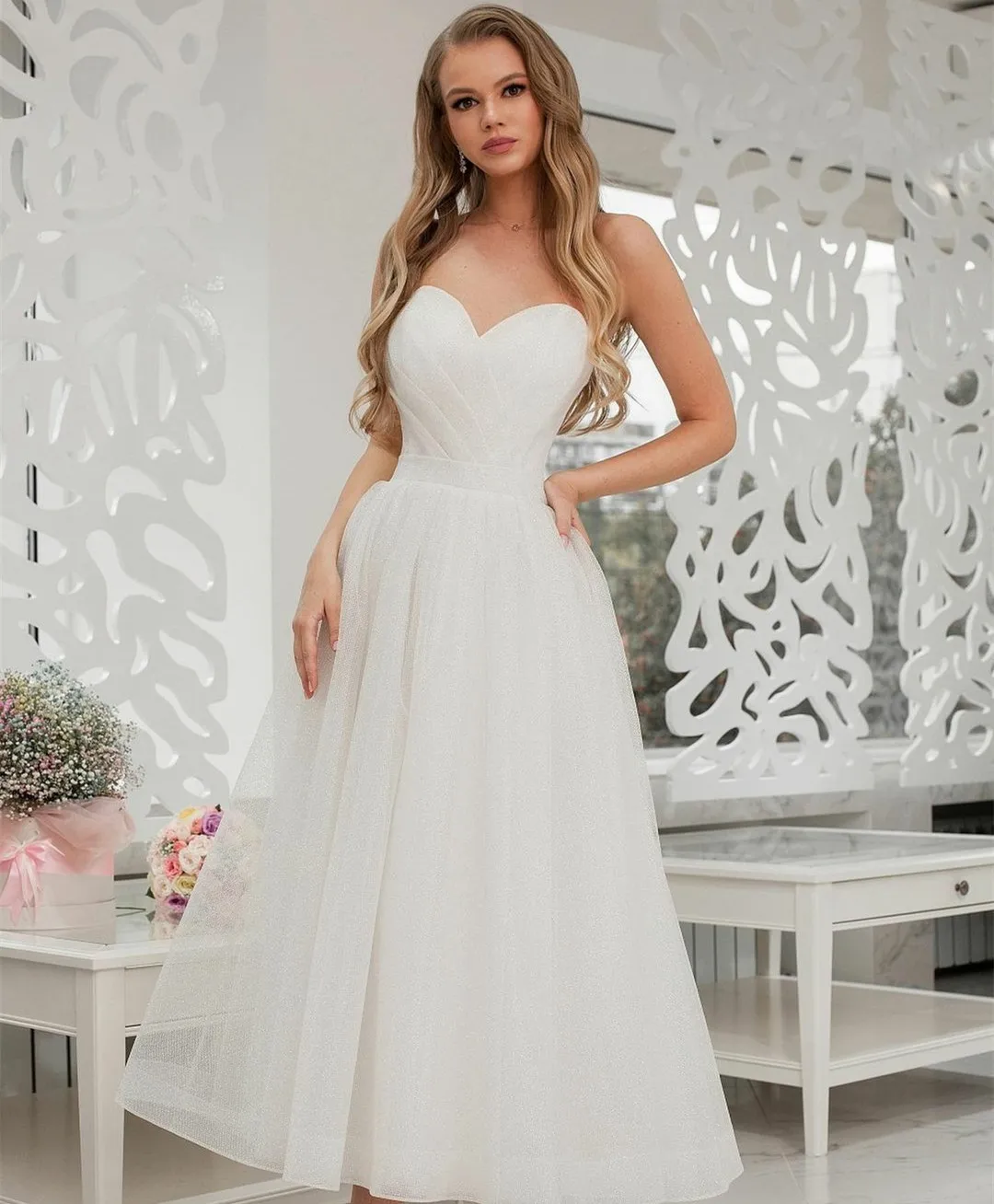 Claasical Short Tulle Ivory Sweetheart Wedding Dress Vestido De Novia A Line Pleated Tea Length Bridal Gowns