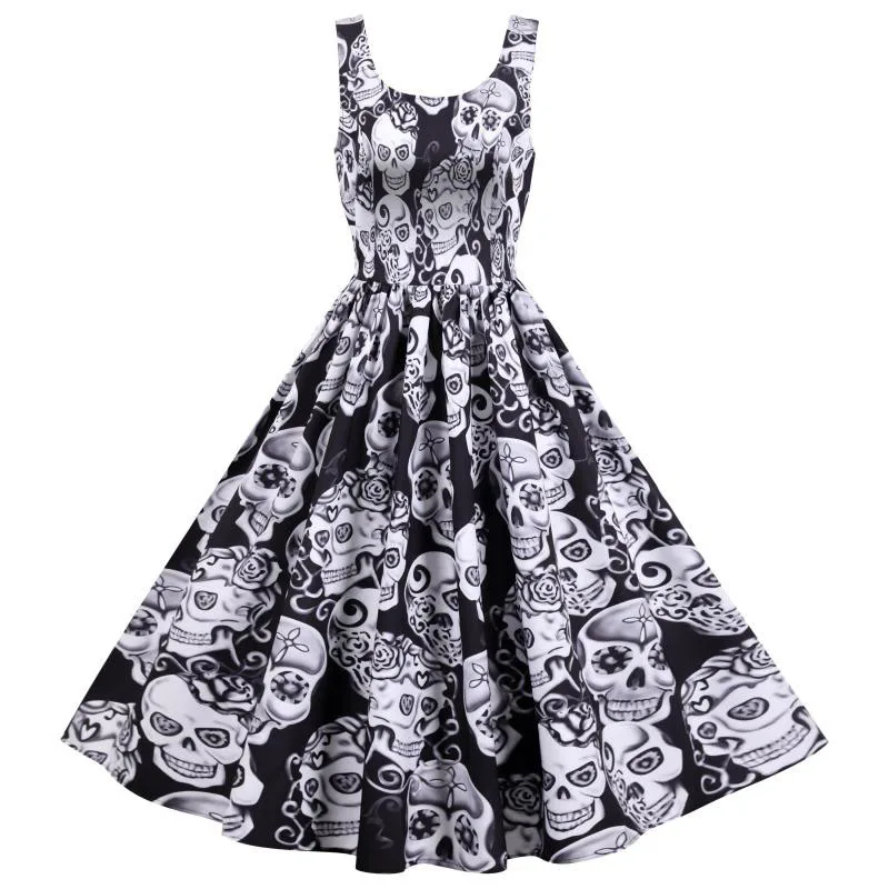 Halloween Dress Women Sexy Spaghetti Strap Print Vintage 50s Party Dresses A-line Midi Robe Femme