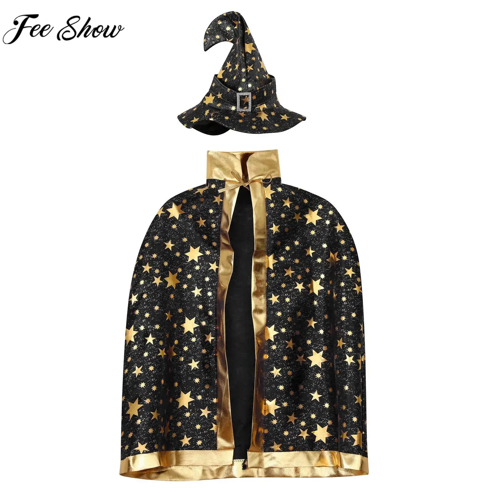 Kids Halloween Witch Wizard Cosplay Performance Costume Prop Shiny Star Print Lace-Up Cape with Hat for Theme Party Christmas