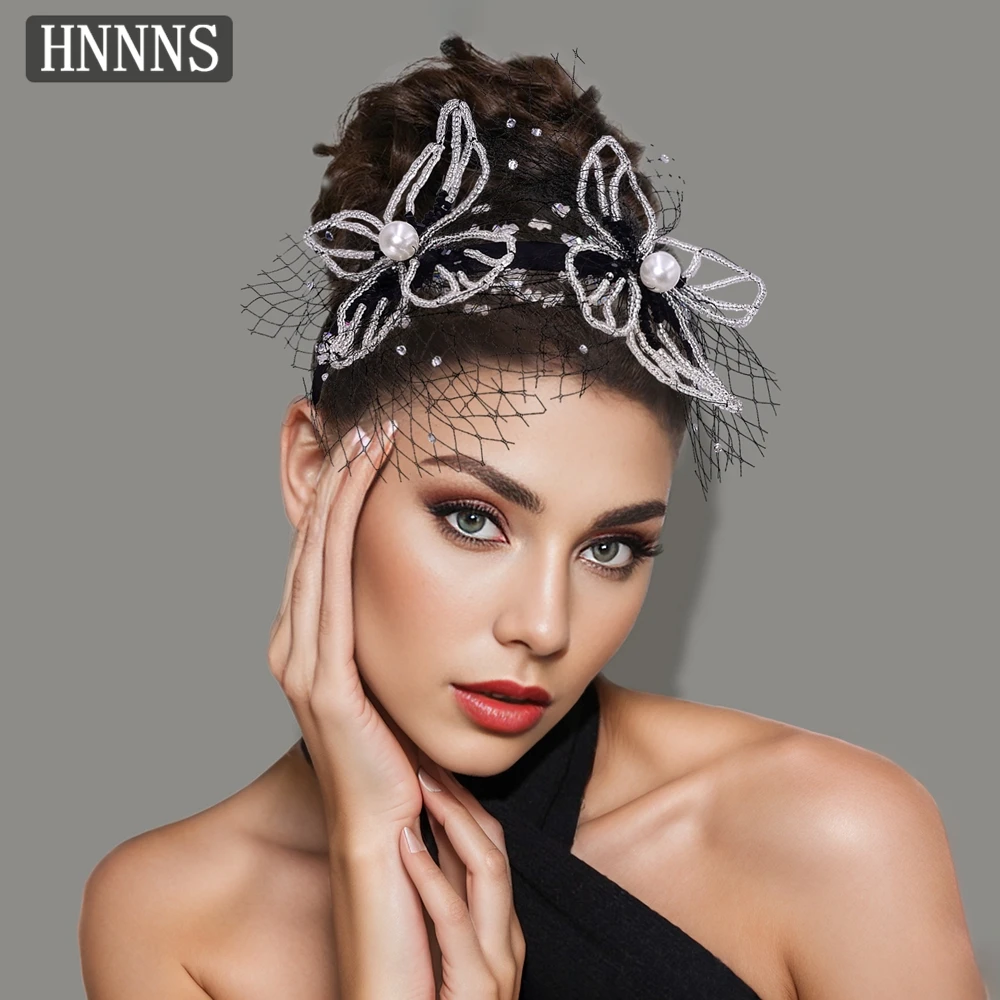 

HNNNS Vintage Crystal Headband Vintage Ladies Beaded Butterfly Hair Accessory Pearl Headdress Black Mesh Headband A183