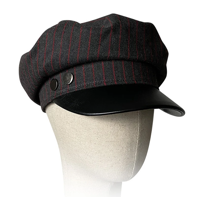 Wool Blend Nautical Striped Hat - Korean Style Short Brim Flat Top Size-Adjustable Casual Trendy Unisex Baseball Cap