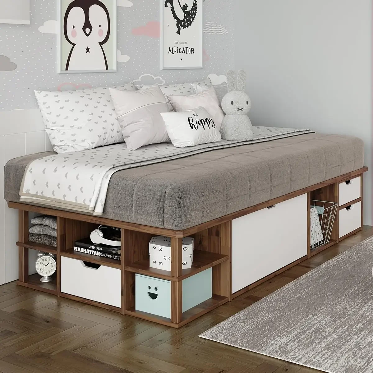 Corner Twin XL Wood Platform Storage Bed Frame with Drawers and Built-in Shelves, Storage Platform Bed for Kids