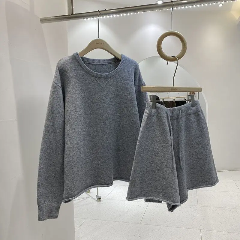 Fashionable Women's Knitted Long Sleeve Set Autumn Winter Loose Lazy Versatile Sweater plus Knitted Wide Leg Shorts Two Piece...