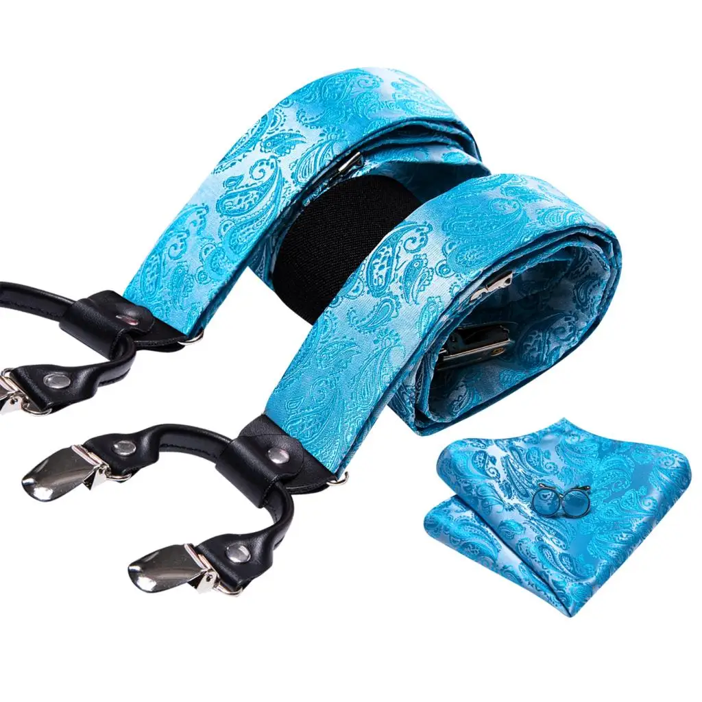 Barry.Wang-Teal Blue Seda Suspender Tie Set masculino, abotoaduras Hanky, clipe ajustável sobre chaves, gravata própria, negócio de casamento masculino