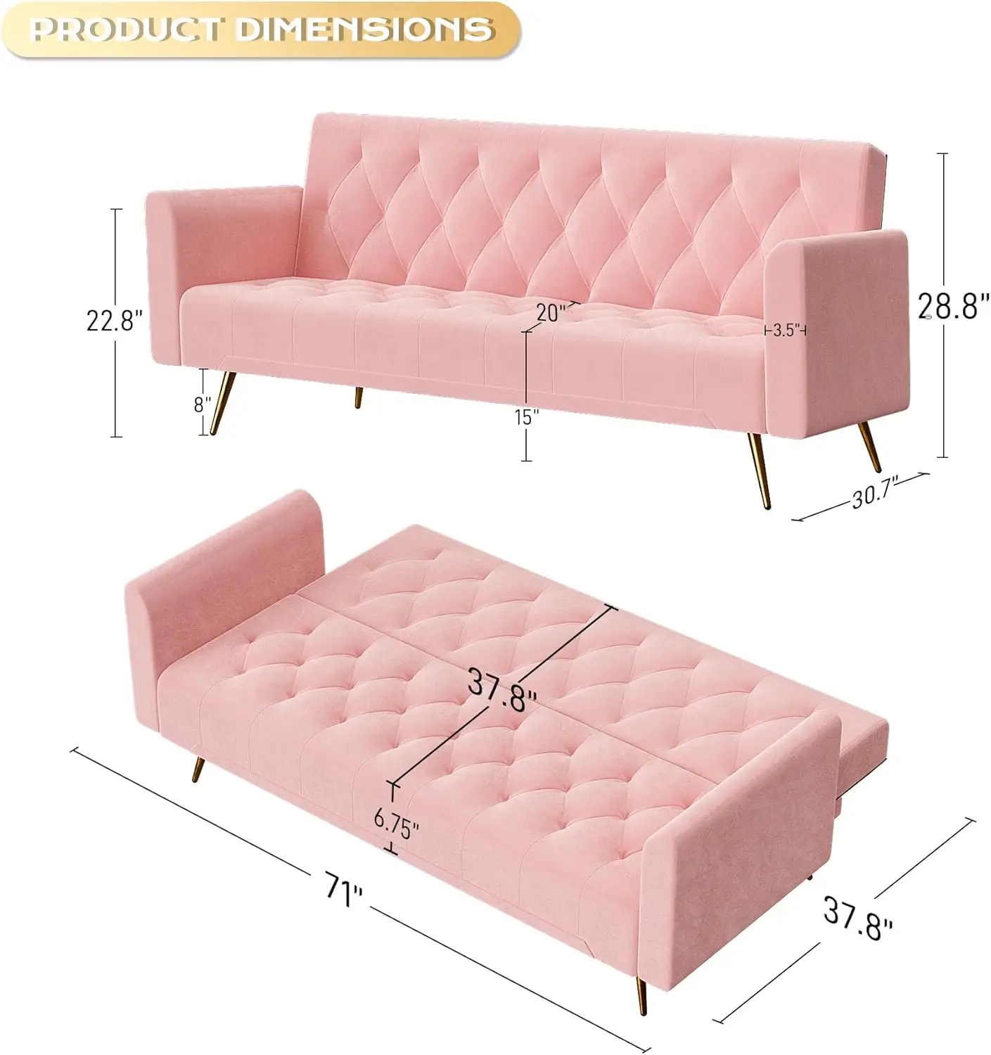 Velvet Futon Sofa Bed with 2 Pillows, Convertible Futon Couch, 71 inch Sleeper Sofa for Bedroom, Small Futon Sofas (Pink)