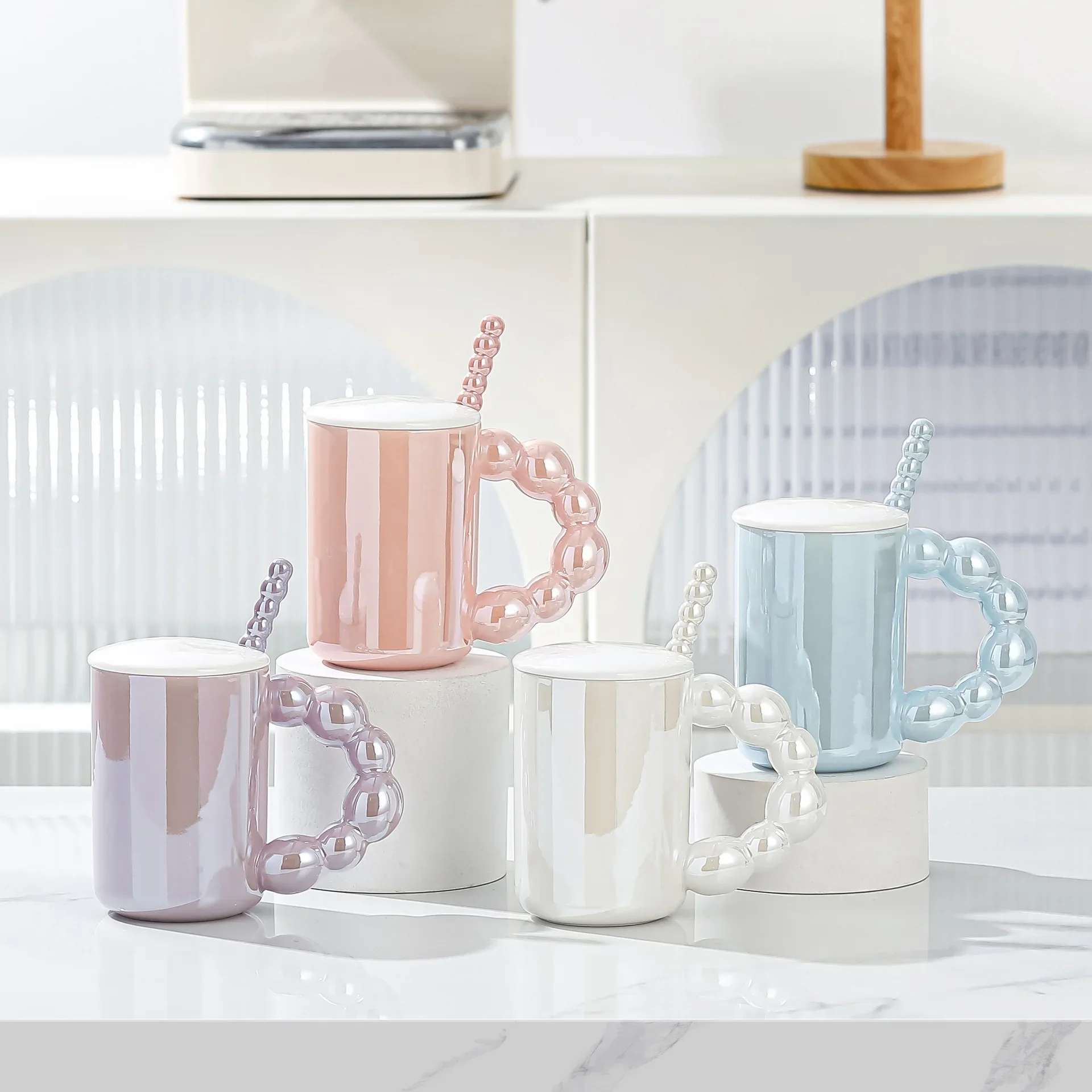 

# Popular Girl Gifts Ceramic Pearl Glaze Pearl Handle Coffee Milk Cup With Lid Spoon #