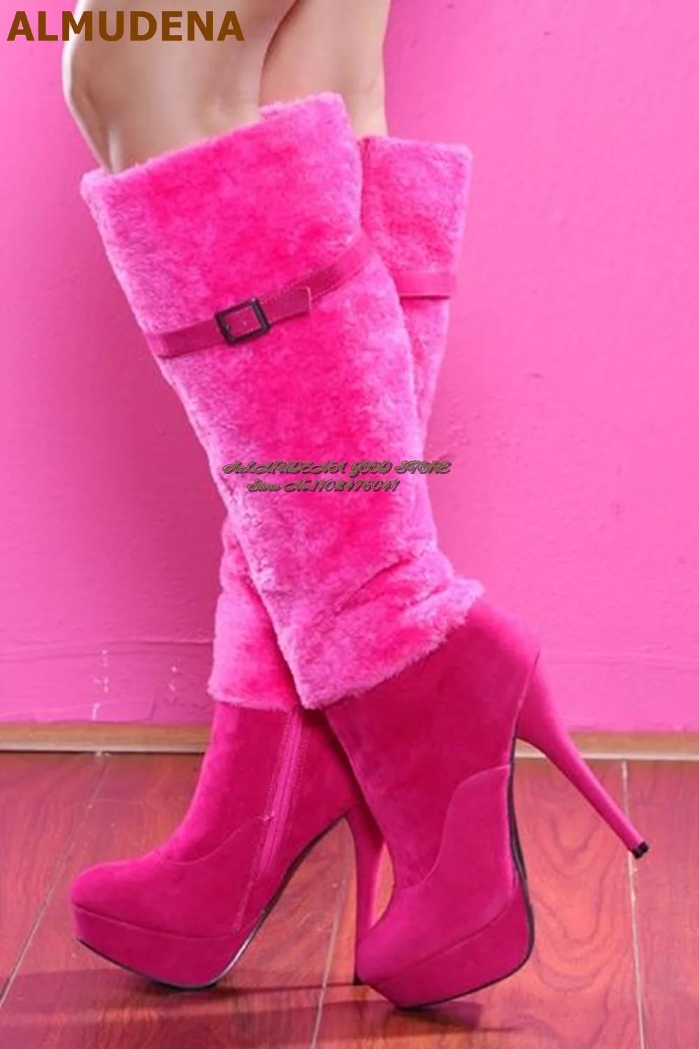 Almudena quente rosa pele joelho botas altas fúcsia camurça salto stiletto plataforma botas altas doce peludo vestido sapatos fivela de cinto