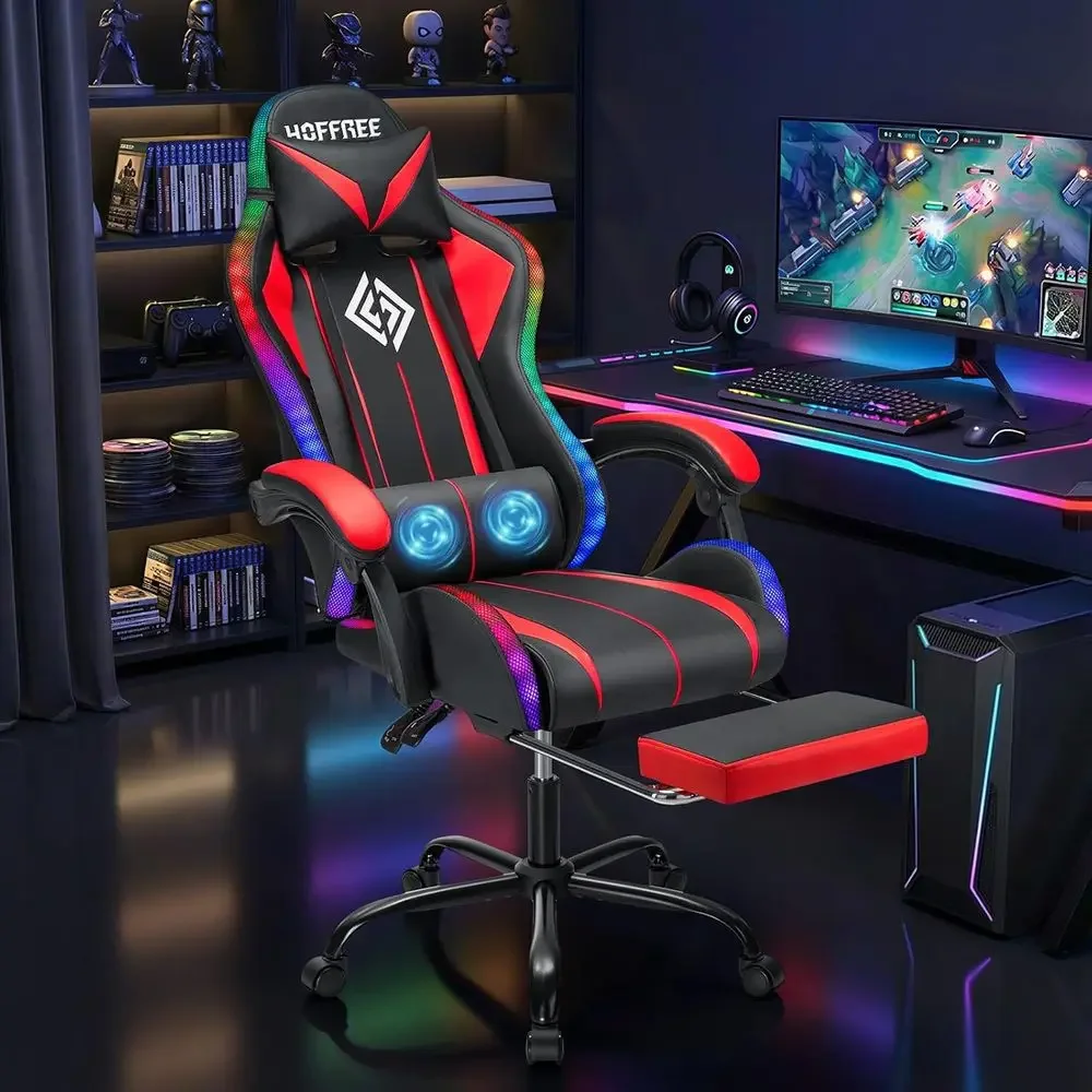 Ergonomic High-Back Gaming Chair with LED RGB Lights, Adjustable Lumbar Support and Linkage Armrests in Red and Black view 2