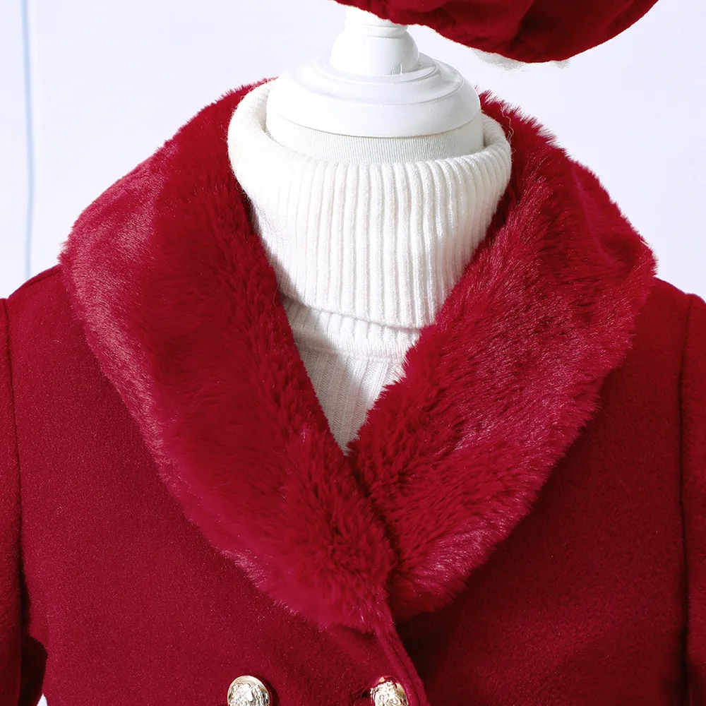 Kids Casual Coat For Girls Clothes Winter 2024 New Child Fashion Long Sleeve Fur Collar Red Outwear Tweed Coat with Beret Hat