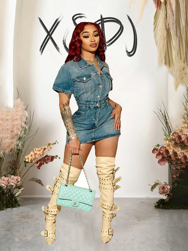 

Sexy Woman Short Dress Summer Skinny Denim Skirt Dress Preppy Style Sweet Blue Cute Stretchy Soft Dress Wholesale Dropshipping