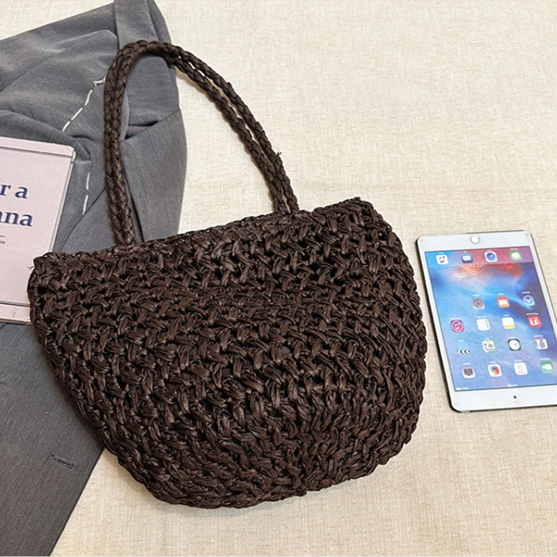 

New Ebony Brown Woven Shoulder Bag, Korean Women's Large Capacity Handbag, Versatile Beach Vacation Tote For Summer Daily Use