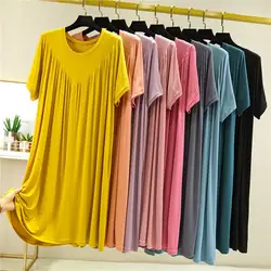 Women Night Dress Pleated Round Neck Short Sleeves Summer Night Dress Solid Color Knee Length Sleepwear Home Dress Women Clothes