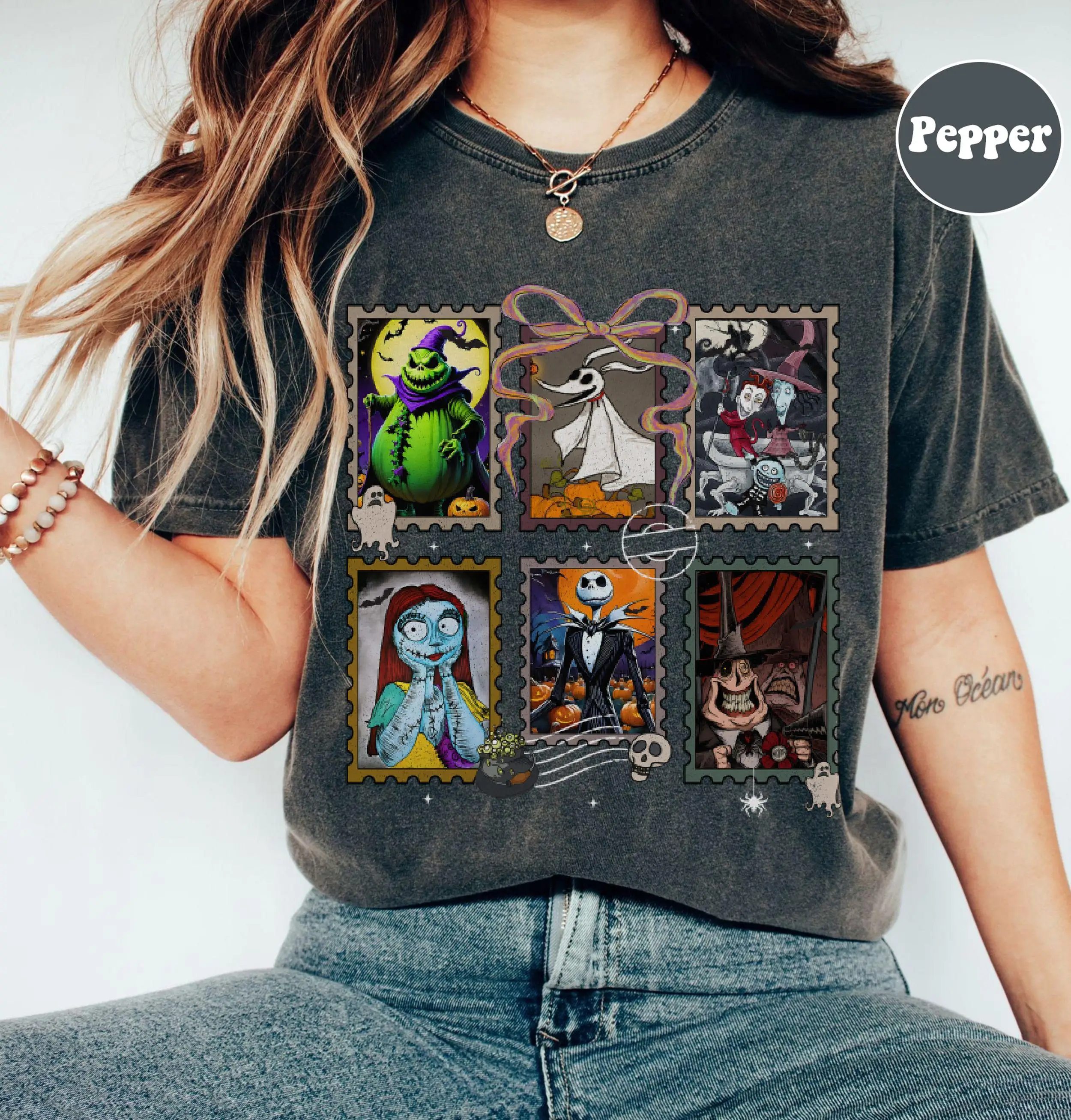 

Retro Christmas Eve Horror T-shirt, Preppy Coquette Printed Disney T-shirt Jack Sally Rock Shock Barre Oogie Boogie Bash T-shirt