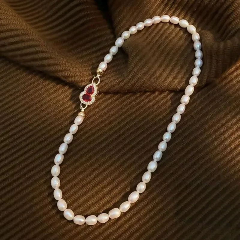 New Design Fashion Red Crystal Gourd Natural Freshwater Pearl 14K Gold Filled Female Short Chain Necklace Jewelry Women Gifts