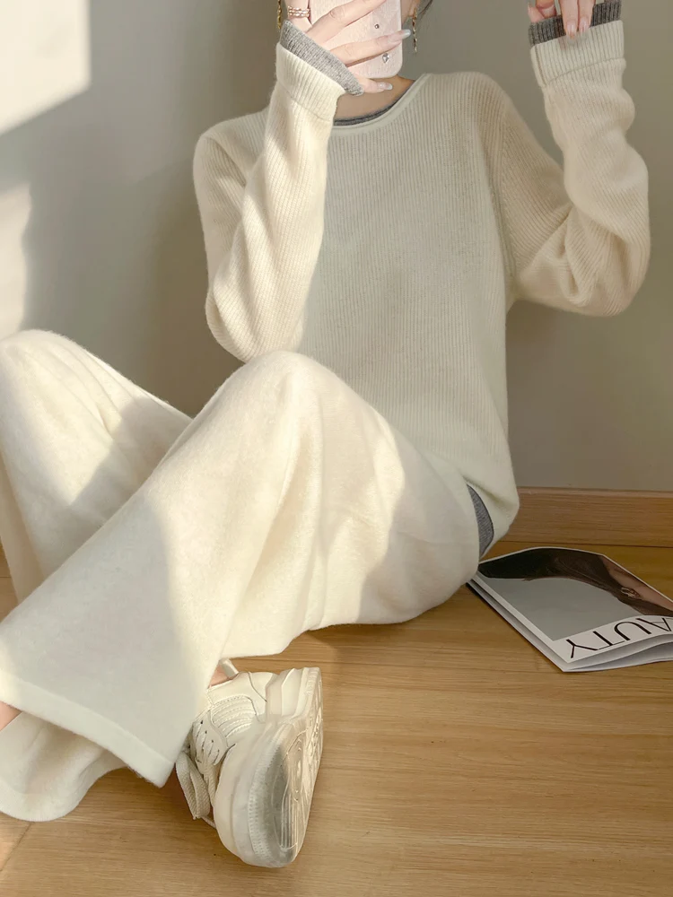 Women 100% Merino Wool Two Piece Sets Fake Two piece Sweater+Wide Leg Pant Casual Set Autumn Winter Color Blocked Loose Clothing