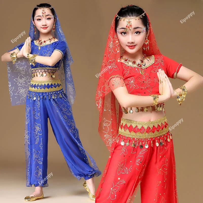 Vestito da danza del ventre per ragazza Costumi di Halloween per bambini Abbigliamento da ballo per ragazze Vestito di Bollywood Abbigliamento per spettacoli teatrali per bambini India