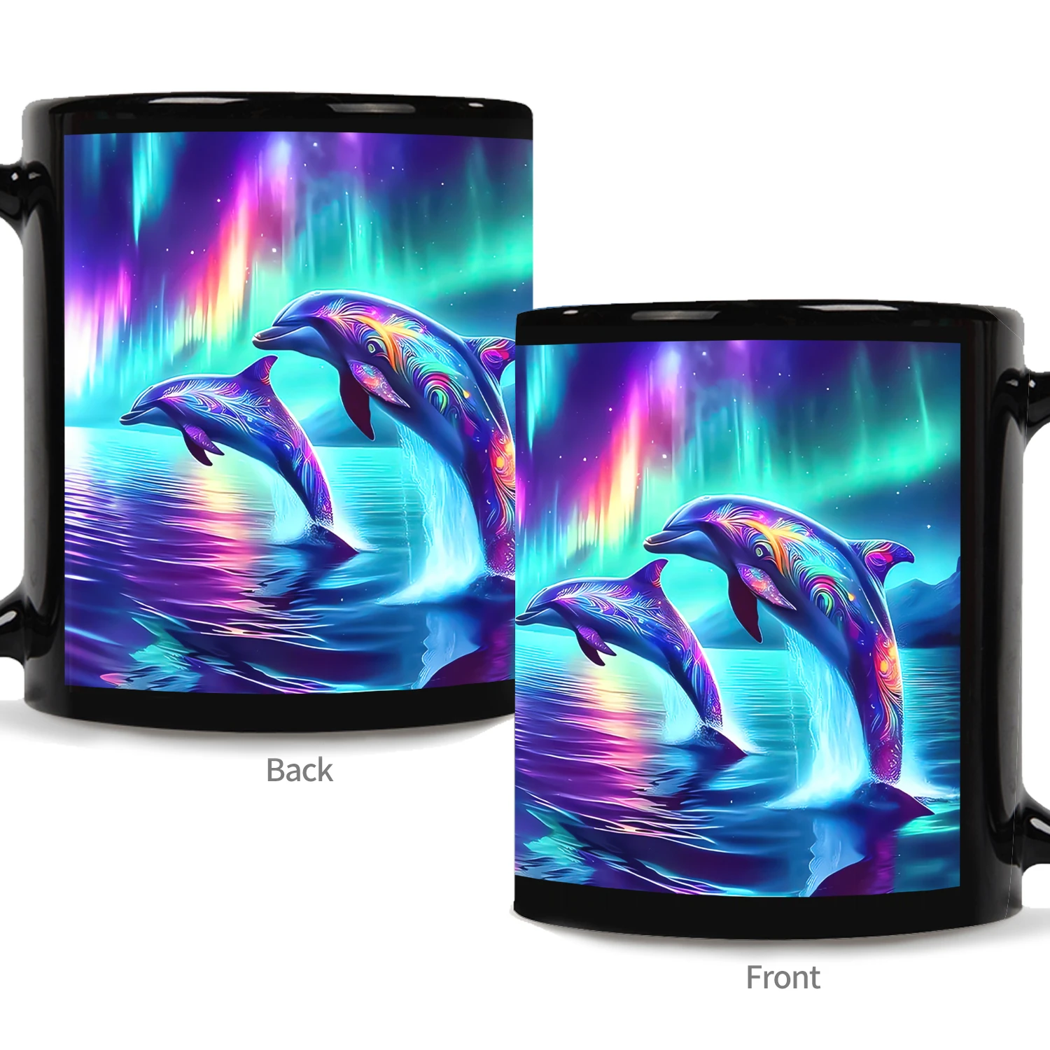 

1PC,Ceramic Mug with Stunning Dolphin & Northern Lights Design. Durable Black Ceramic Tea Cup for Pet Owners,11OZ