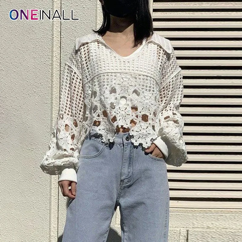 ONEINALL Hollow Out Solid Casual Shirts For Women Lapel Lantern Sleeve Minimalist Loose Pullover Short Blouses Female Clothing